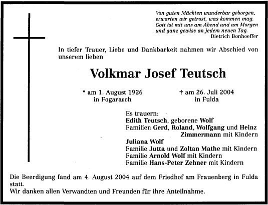 Teutsch Volkmar 1926-2004 Todesanzeige